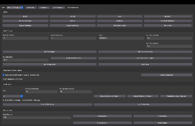 Screenshot of the telescope azimuth and elevation control interface